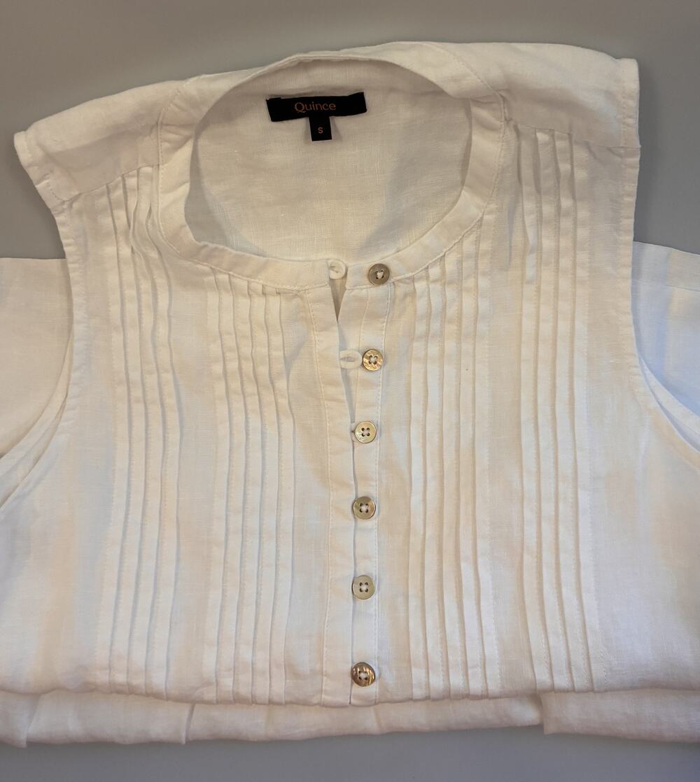 Quince White 100% European Linen Pintuck Sleeveless Swing Dress w Pockets Size S
